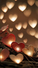 Wall Mural - Extreme Close Up Glowing Illuminated Crystal and Illuminated Floating Hearts