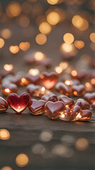 Wall Mural - Collection Small Crystal Illuminated Glowing Hearts Polished Wood Table Bokeh Spotted Light Background Foreground