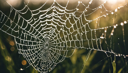 A surreal macro shot of a dew-covered spiderweb glistening in the morning sun.
