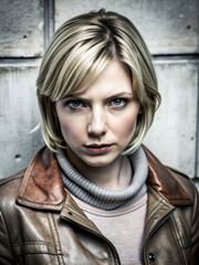 woman 25 years old, blonde with short hair in a brown leather jacket on a white background