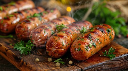 Wall Mural - Fried sausages with sauces and herbs on wooden serving Board. Great beer snack on a dark background