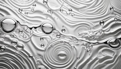 Wall Mural - closeup of desaturated transparent clear calm water surface texture with splashes and bubbles trendy abstract nature background white grey water waves in sunlight