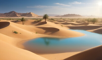 an oasis in the desert, a lake of water in the middle of the desert and a few trees