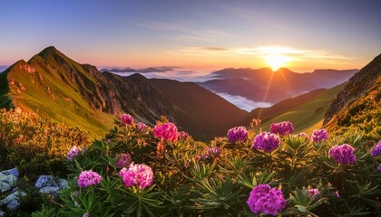 Wall Mural - dawn with flowers in the mountains