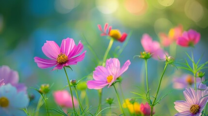 Flower field in sunlight, spring or summer garden background in closeup macro view or flowers meadow field in morning light