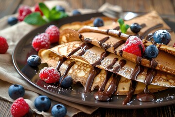 Wall Mural - Chocolate Crepes. Rustic Wood Background with Tasty Homemade Crepes Topped with Raspberries and Blueberries