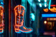 © Vasiliy - A glowing neon sign shaped like a cowboy boot, vibrant and retro touch to a nighttime scene, place for text