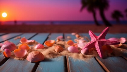 Wall Mural - summer vibes with sand and shells scattered across a blue wooden floor