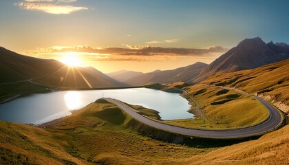 Wall Mural - lake and road at sunset