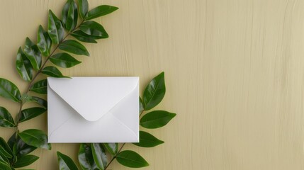 Wall Mural - A white envelope is sitting on a leafy green background. The envelope is open and the contents are visible. Concept of anticipation and excitement