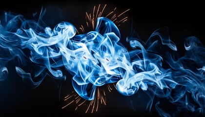 Wall Mural - a glowing blue fire spark with white smoke isolated in black background