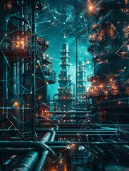 Canvas Print - Graphic of a nanotech-enabled smart materials factory with open copy space for text or design. Futuristic digital background featuring modern industrial production equipment and automation technology.