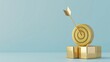 © Kan - Golden dart hitting a gold target on a blue background, symbolizing success, accuracy, achievement and goal setting in business or personal life.