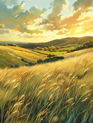 Poster - Stunning digital of a serene sunset landscape featuring a vast grassy plain with rolling hills in the distance,creating a peaceful and atmospheric scene.