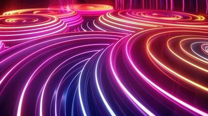 A mesmerizing neon wave depiction with circular paths of vibrant, swirling lines evoking the sensation of fluid motion and energy.