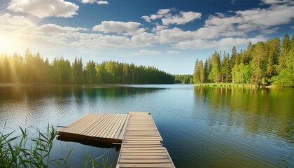 Wall Mural - traditional finnish and scandinavian view beautiful lake on a summer day and an old rustic wooden dock or pier in finland sun shining on forest and woods in blue sky