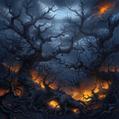 Poster - A dark forest with trees on fire. Scene is eerie and ominous. The trees are twisted and gnarled, and the flames are intense, creating a sense of danger and destruction