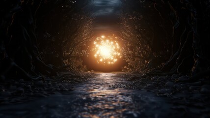 Poster - A dark tunnel with a glowing orb in the center. The light is shining through the tunnel, creating a sense of mystery and wonder