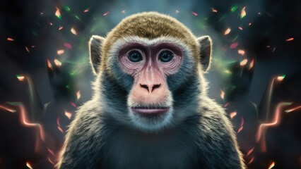 Canvas Print - A close up of a monkey with bright lights behind it, AI