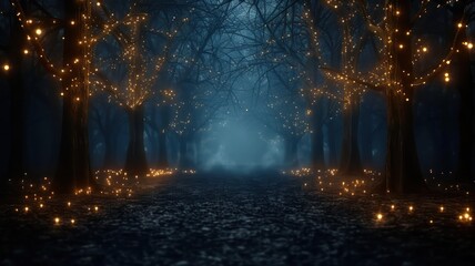 Wall Mural - a forest with trees lit up with lights. scene is mysterious and enchanting