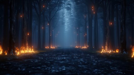 Aufkleber - A forest with a path through it with many trees on either side. The trees are lit up with fire, creating a spooky and eerie atmosphere