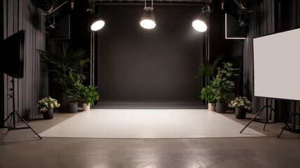 A black room with three lights and a white board