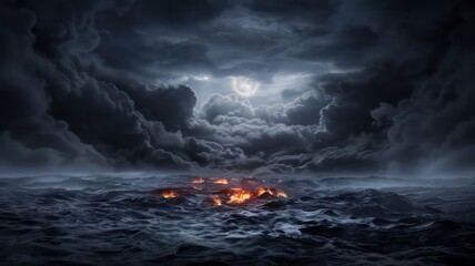 Poster - A dark sky with a moon and clouds. The sky is filled with fire and the water is dark