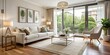 © Stock Spectrum - Modern Living Room with White Sofa and Green View, Interior Design, Living Room Decor, Cozy Living, Home Design