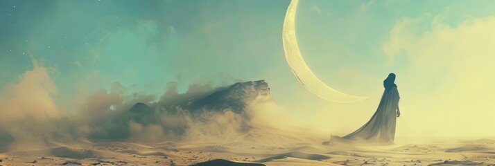 Wall Mural - Majestic Crescent Moon and Mystical Silhouetted Figure Against Serene Desert Landscape,Symbolizing Faith,Belief,and Spiritual Contemplation