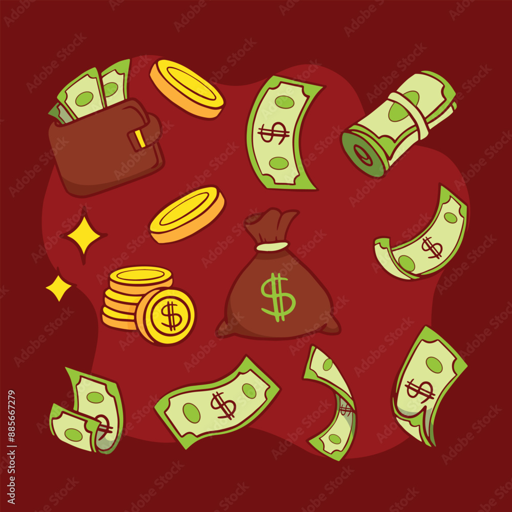 Vector Cash Cartoon Money cash dollar pile, stack cartoon set. Hundreds paper stack dollars ...