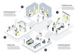 © alexdndz - Coworking space 3d isometric concept in outline design for web. People working in isometry rooms office with conference halls, workflow in departments and resting in dining room. Vector illustration.