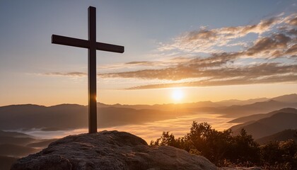 Wall Mural - dawn photography with the concept of a christian cross in the sky symbolizing faith in god