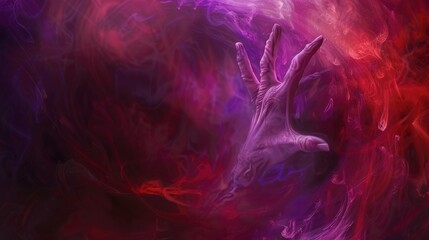Wall Mural - A spectral vampire hand breaks through the veil of darkness, its ghostly form illuminated by the swirling purple and red hues of the background