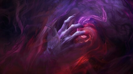 Wall Mural - A spectral vampire hand breaks through the veil of darkness, its ghostly form illuminated by the swirling purple and red hues of the background