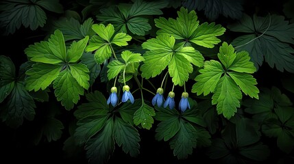 Sticker - green leaves and blue campanula flowers in the forest 