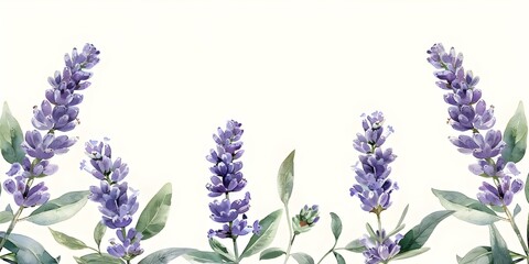 Wall Mural - Close-up of watercolor lavender flowers and stems with green leaves on a white background. Concept Watercolor Painting, Lavender Flowers, Close-up, Green Leaves, White Background