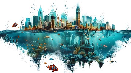 Wall Mural - Surreal Underwater Metropolis with Vibrant Aquatic Scenery and Futuristic Architecture