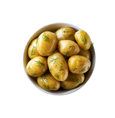 Wall Mural - boiled new potatoes with fresh dill in a white bowl isolated on a white background. Top view.