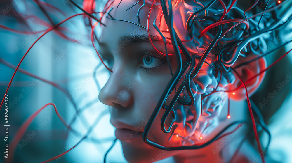 Portrait face of woman futuristic AI cyborg have a lot of cables and ...