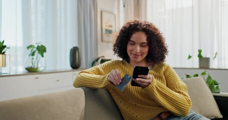 Sticker - Woman, phone and credit card on couch for payment in living room for ecommerce with fintech app for deal. Person, online shopping and smartphone with sale from targeted advertising on social media