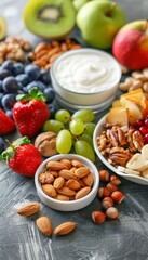 Wall Mural - Healthy Snack Box with Nuts, Fruits, and Yogurt on Work Desk - Ideal for Diabetic-Friendly Options