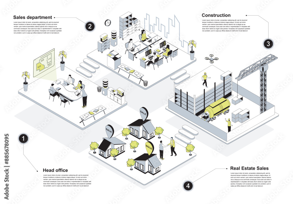 Real estate 3d isometric concept in outline design for web. People ...