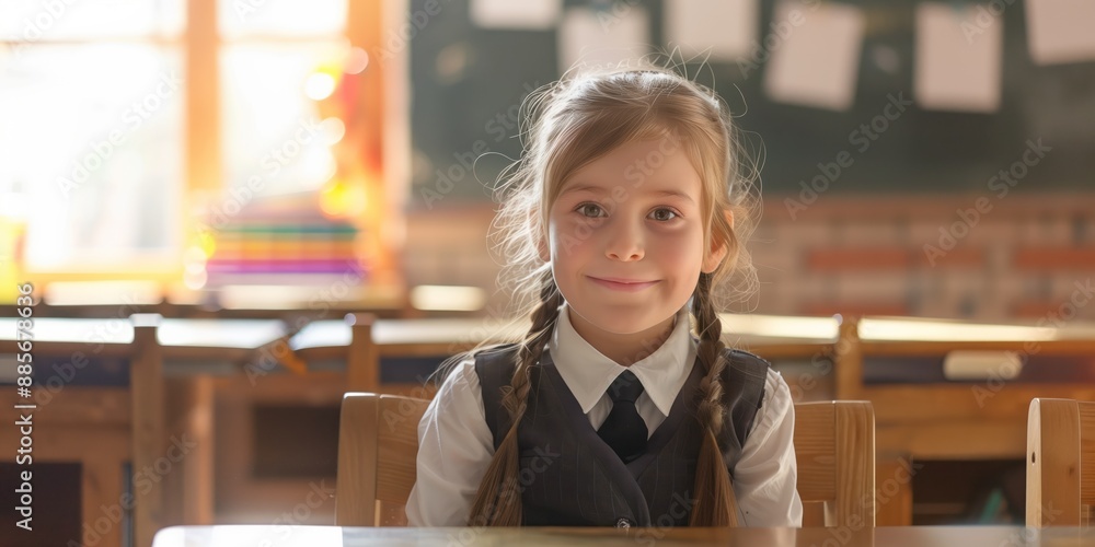 Caucasian seven year old girl wearing classy school uniform sits in ...