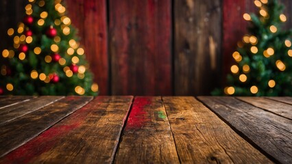 Wall Mural - christmas colors bokeh lights and rustic wood boards mockup background