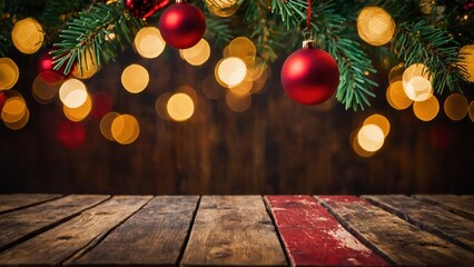 Wall Mural - christmas colors bokeh lights and rustic wood boards mockup background