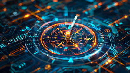 Wall Mural - Futuristic digital compass, navigation interface, cyber network system