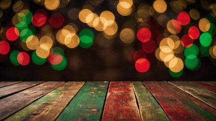 Wall Mural - christmas colors bokeh lights and rustic wood boards mockup background