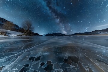 A clear night sky over a frozen lake, starry sky, ice patterns. The stars are bright and numerous, the ice creates beautiful patterns, the scene is cold and magical