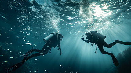 Two people with diving equipment swimming under sea water with bubbles. Scuba diver swimming in the under water sea