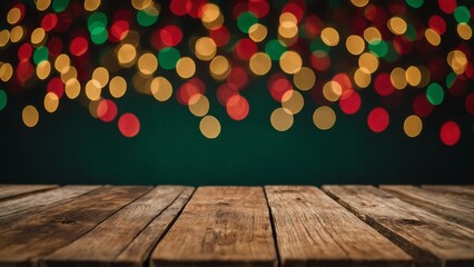 Wall Mural - christmas colors bokeh lights and rustic wood boards mockup background